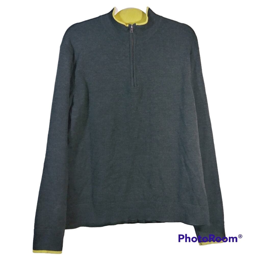 Twinhill Gray Wool Blend Yellow Trim 3/4 Zip Front Sweater Size XL